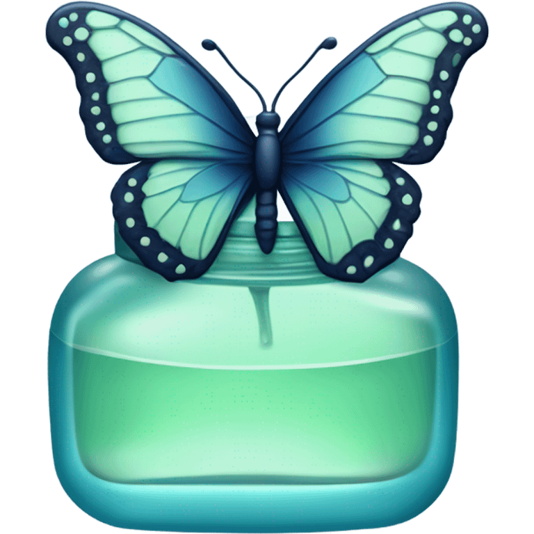  pastel green butterfly resting on an elegant blue perfume bottle with fork dark blue details. emoji