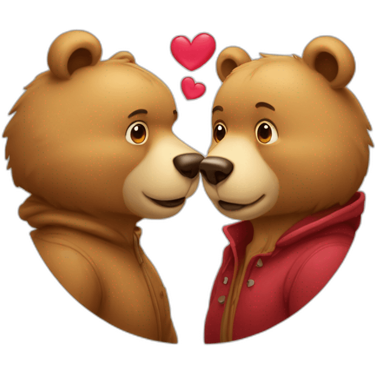 Female bear and male bear kissing, face only, hearts above them emoji