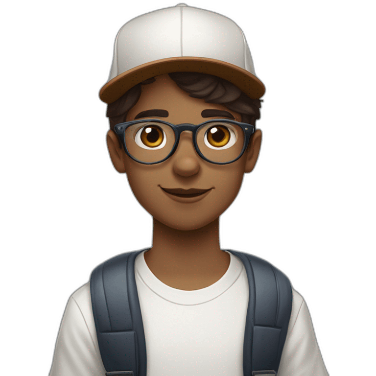 White hipster looking boy with short brown hair, large wire frame glasses, and a baseball cap on next to a Australian Shepard tri color emoji