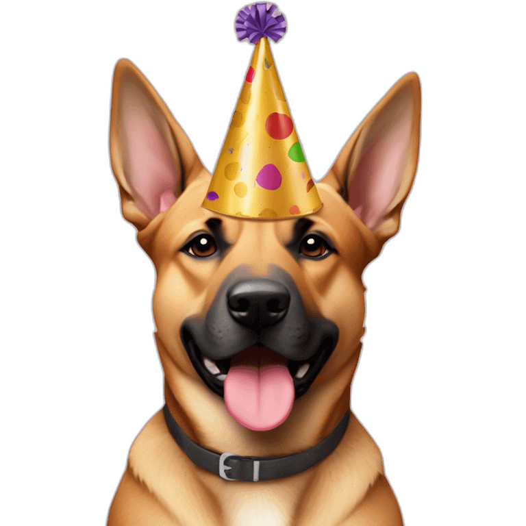 German shepherd tan Pitt bull ears mixed dog wearing birthday hat emoji