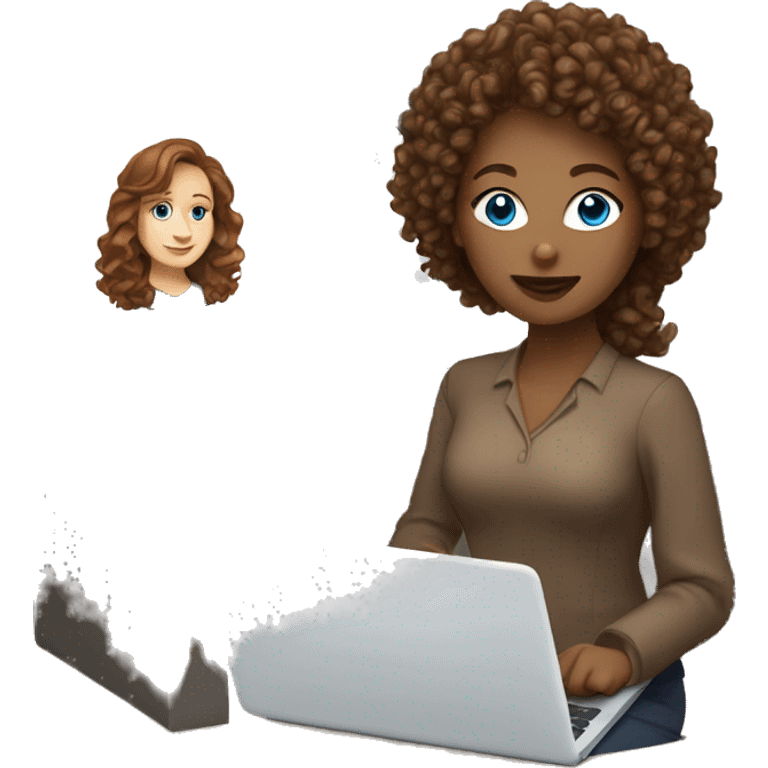 White women with the brown curly hair and blue eyes work at the laptop  emoji