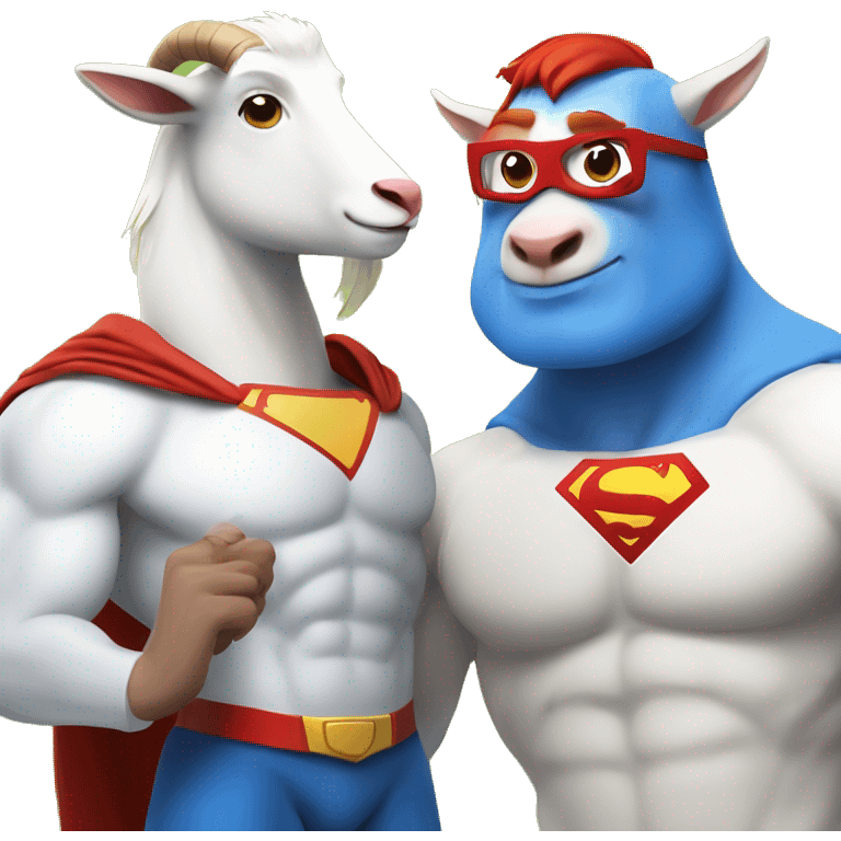 White superman with red hair and red beard flying next to a happy goat with a blue hair.  emoji