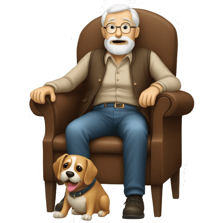 Old man sitting in chair with a dog on lap emoji