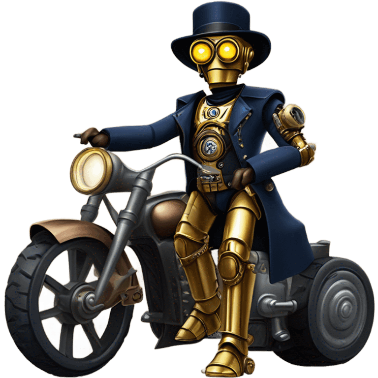 Old west Bounty hunter C-3PO wearing a pair of navy-blue rimmed steampunk goggles, hat, leather chaps, fringe jacket riding a relaxed 3 wheeler trike steampunk motorcycle in desert town  emoji