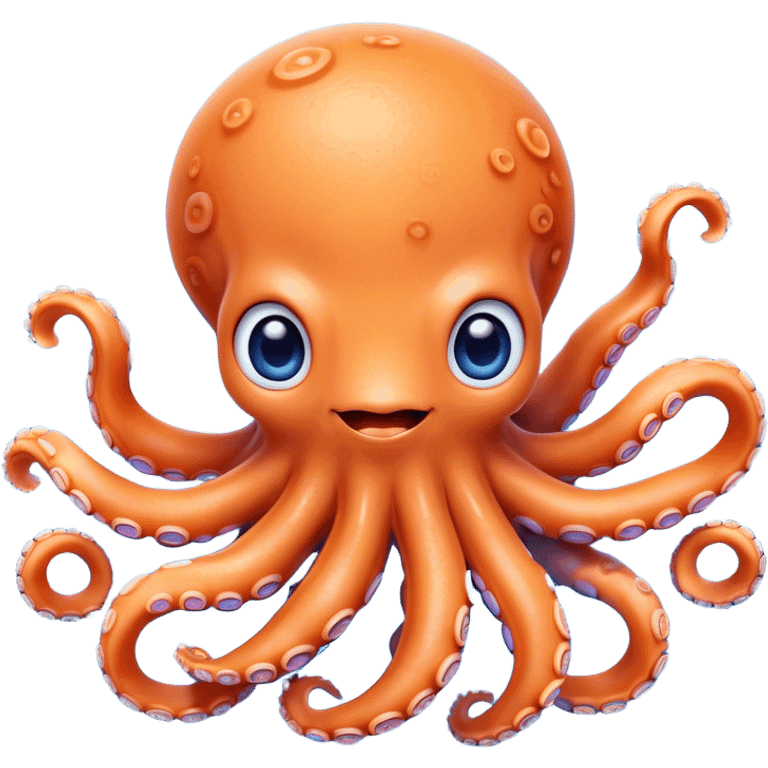 Cinematic Cute Octopus Portrait Emoji, Head tilted playfully and inquisitively, featuring a rounded, light orange body embellished with playful blue rings, eight adorably curling arms, and big, twinkling eyes full of wonder, Simplified yet irresistibly adorable features, highly detailed, glowing with a warm, inviting underwater glow, high shine, affectionate and lively, stylized with a touch of whimsical cartoon charm, soft glowing outline, capturing the essence of a mischievous yet loving octopus that seems as if it could bob out of the screen into your arms! emoji