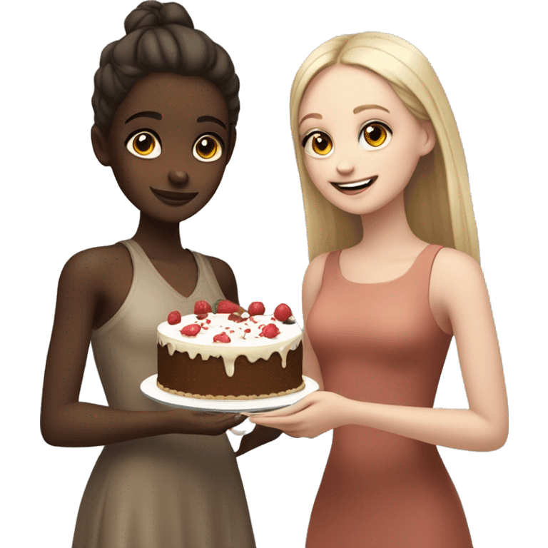 Brown skin girl giving cake to White skin girl emoji