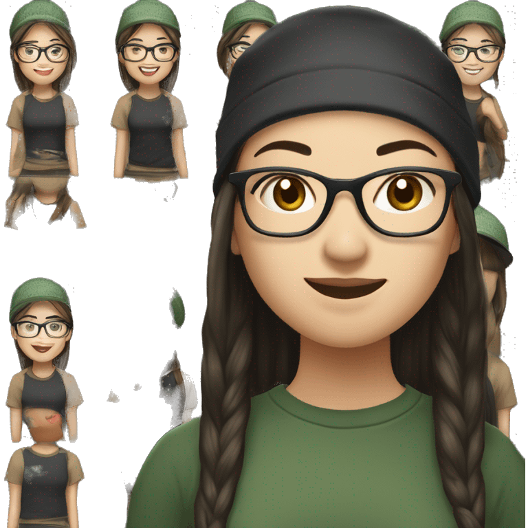 Hyper realistic, look from side, asian adult woman, light white skin, smiling with teeth, black eyes, spotted frame glasses, long light brown straight hair, black T-shirt, dark green cap. emoji