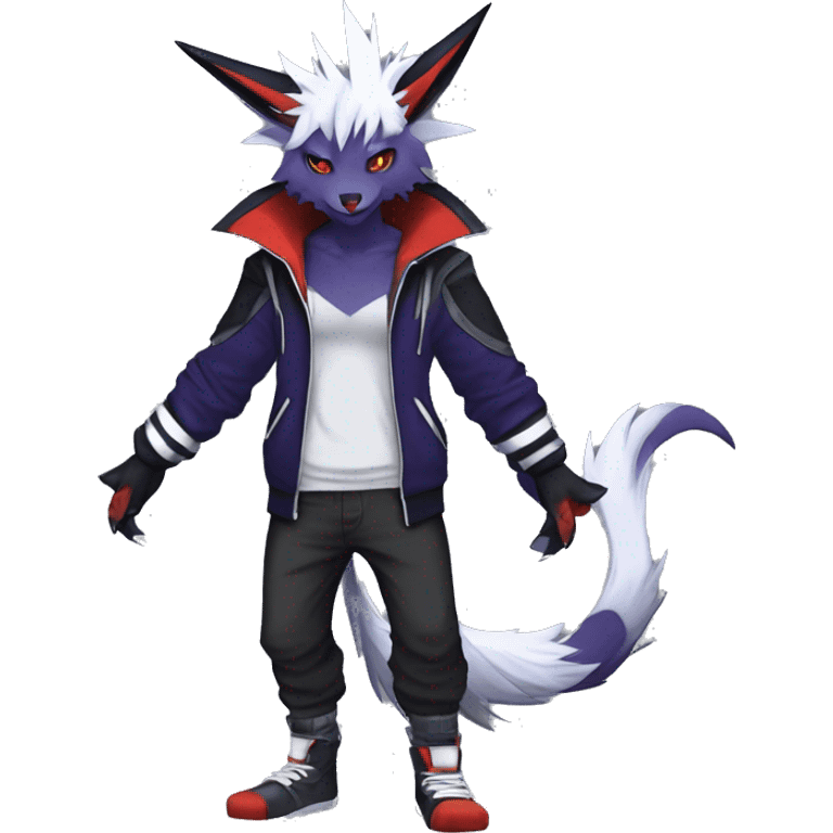 Cool Anthro Dark Absol-Noivern-Quilava-Litten-Pokémon with edgy stripes hoodie spiked collar punk Full Body emoji