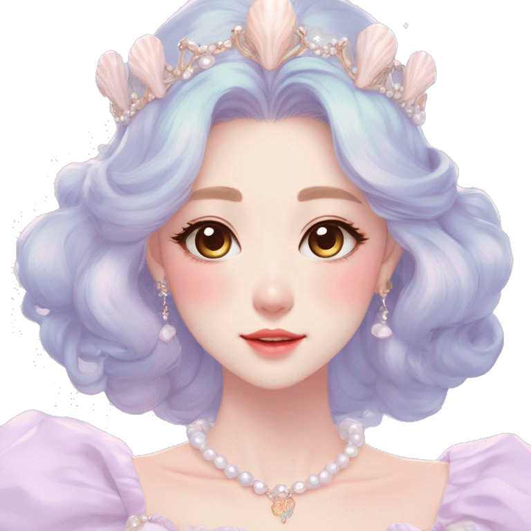 Gorgeous pastel anime style lady with blushing face and seashells tiara pearls dress necklace cottagecore fairycore pastelcore colorful pearly romantic simplistic aesthetic trending style emoji