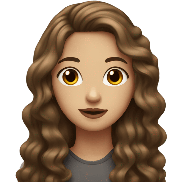 girl of 17, long, wavy hair, dark brown, plump, brown eyes, light red lips emoji