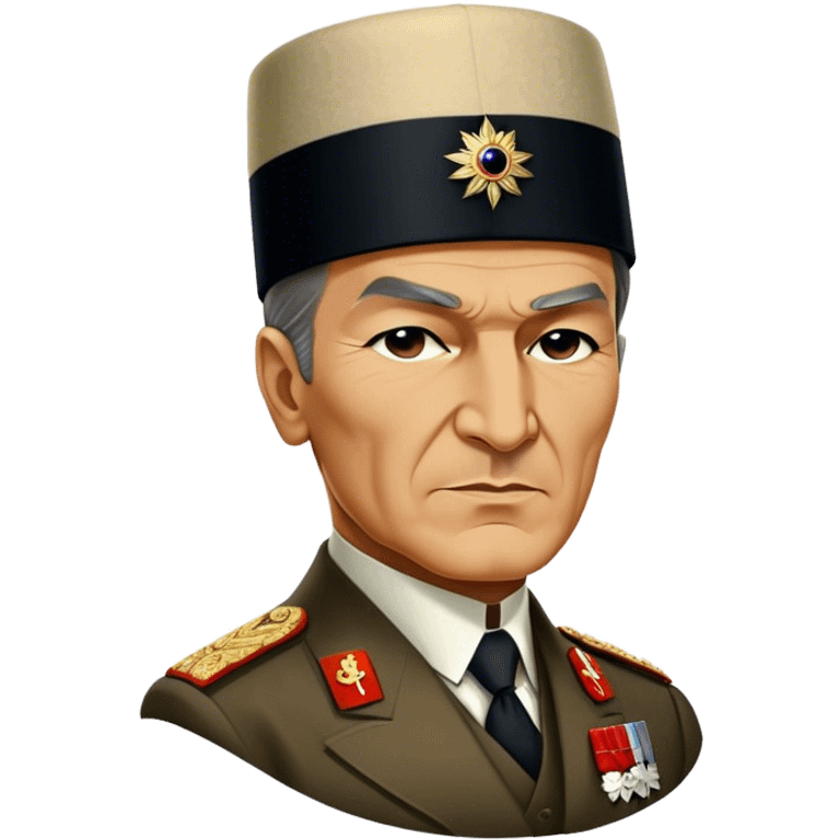 Mustafa Kemal Atatürk (statesman) in traditional hat – Cinematic Realistic Portrait of Mustafa Kemal Atatürk, depicted in dignified traditional attire with a distinctive hat, a resolute and visionary expression illuminated by warm, historic lighting, rendered with rich textures that evoke his transformative leadership. emoji