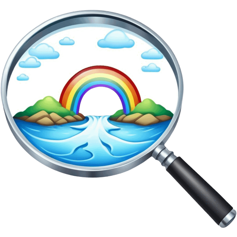 a magnifying glass with a rainbow river flowing through it emoji