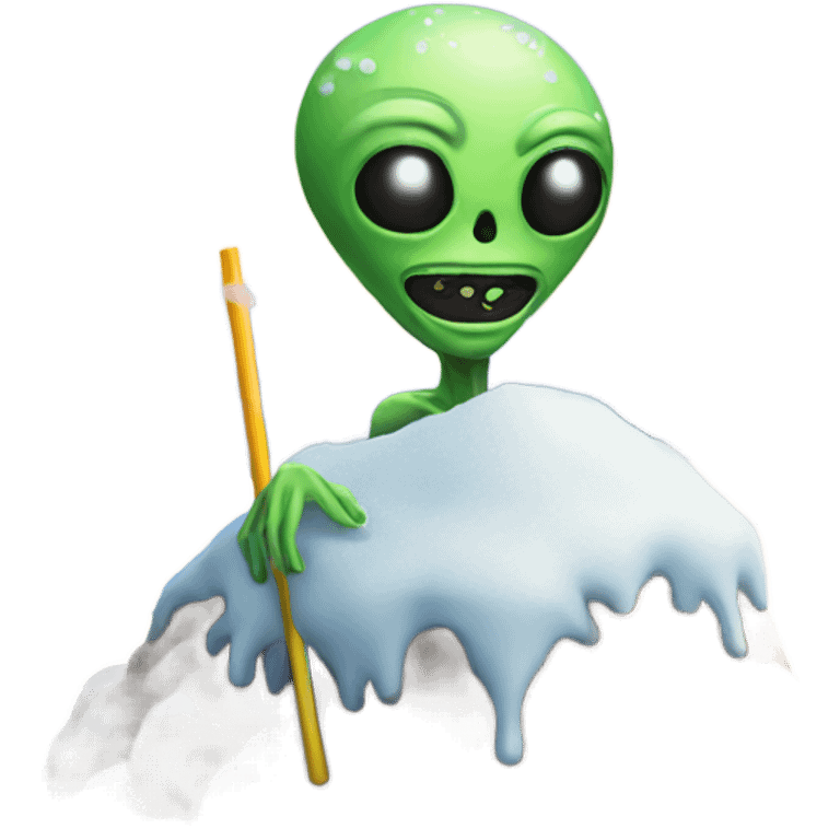 alien with a straw next to a mound of snow emoji