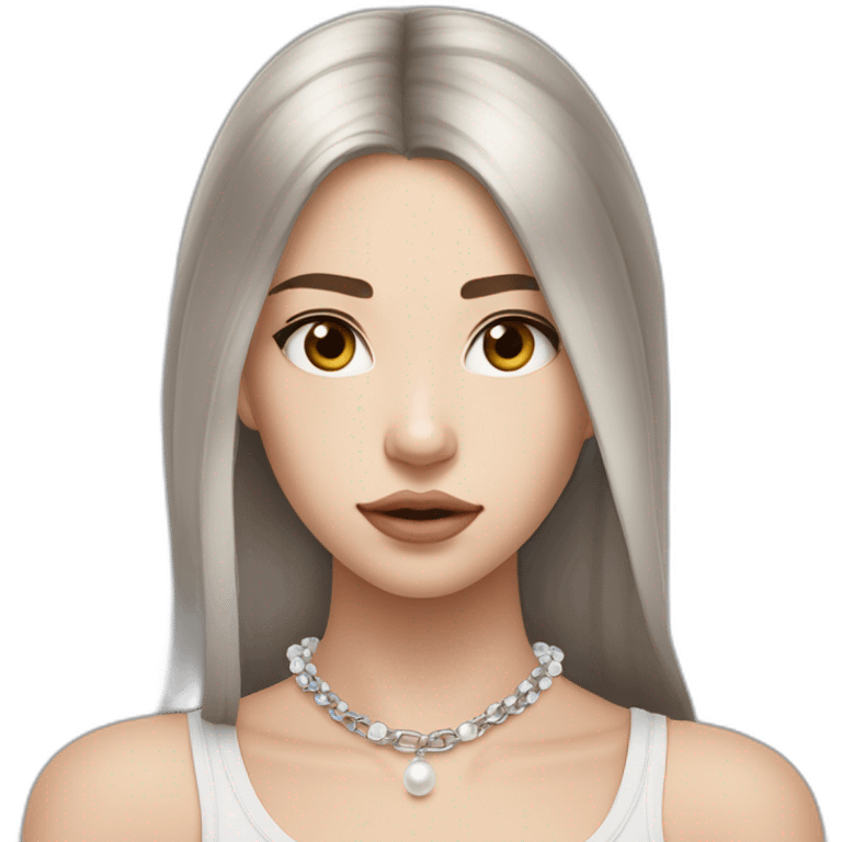 24 years old girl looking weary with white complexion and straight hair around armpit length with brown hair with silver and pearl chain necklace another layer of silver chain necklace emoji