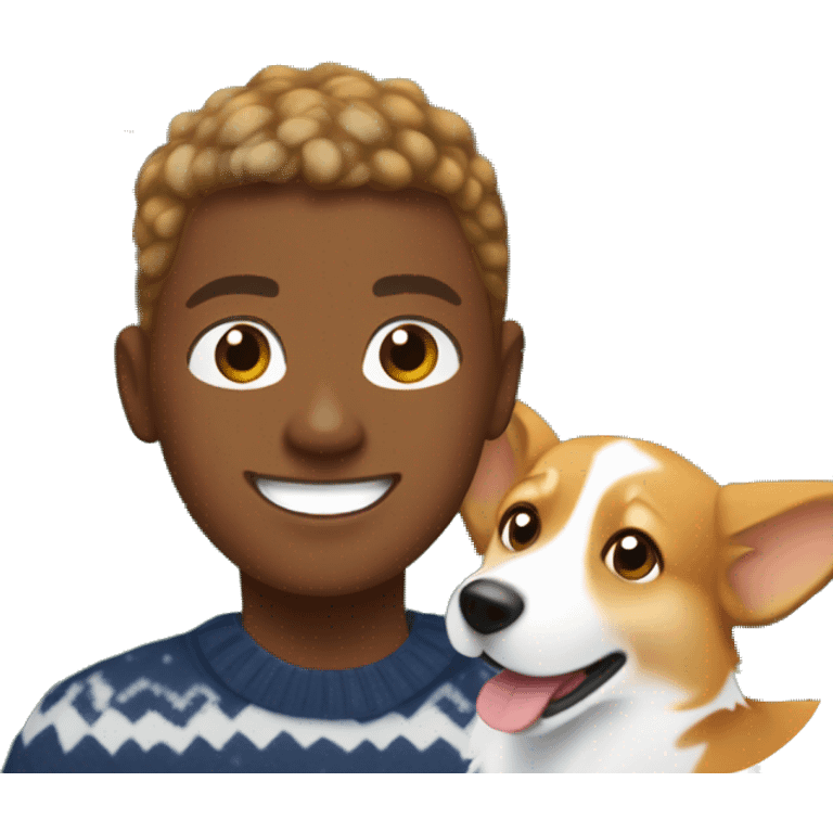 Ginger-blonde haired African American Boy teen playing with corgi in front of Christmas tree emoji