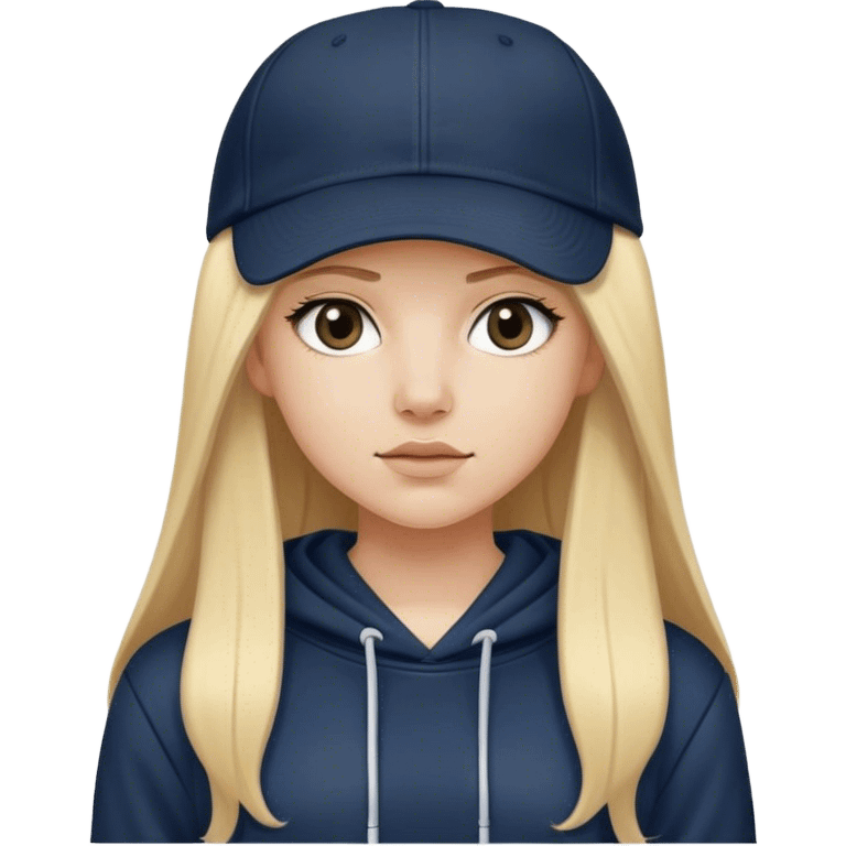 White girl with long straight blonde hair with a middle part wearing a black baggy hoodie with a navy blue baseball cap on. Make the hoodie black with no strings on it  emoji