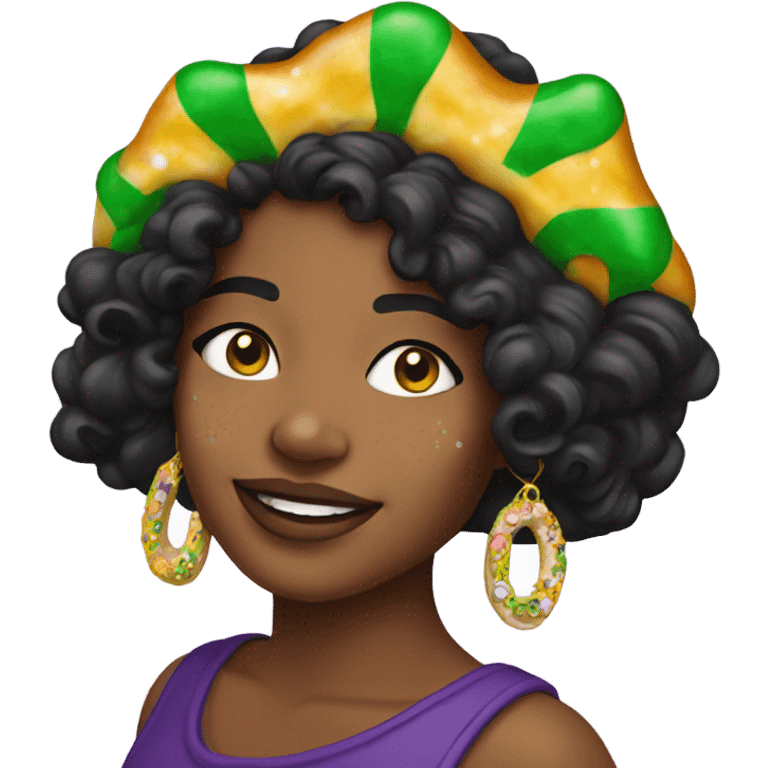 King cake earrings on girl with dark hair and freckles emoji