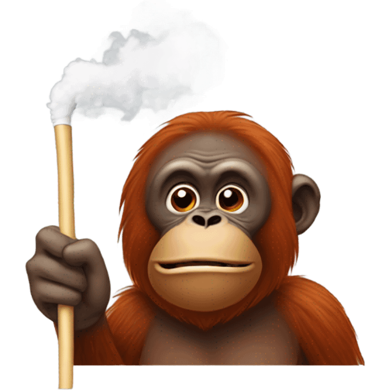 Orangutan with a white stick in mouth with smoke coming off of it with it in mouth emoji