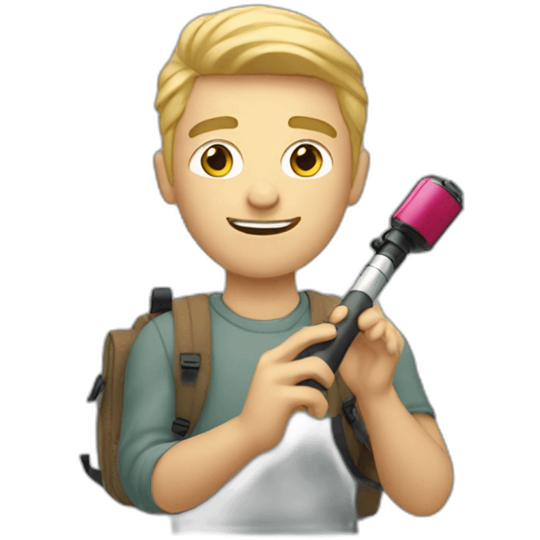 Blonde guy filming with a selfiestick and backpack emoji