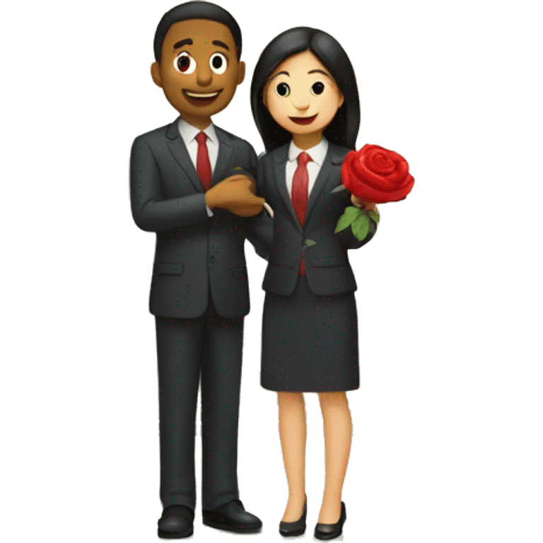 A girl wearing a suit holding a rose and purposing a tall dushy guy infront of a temple  emoji