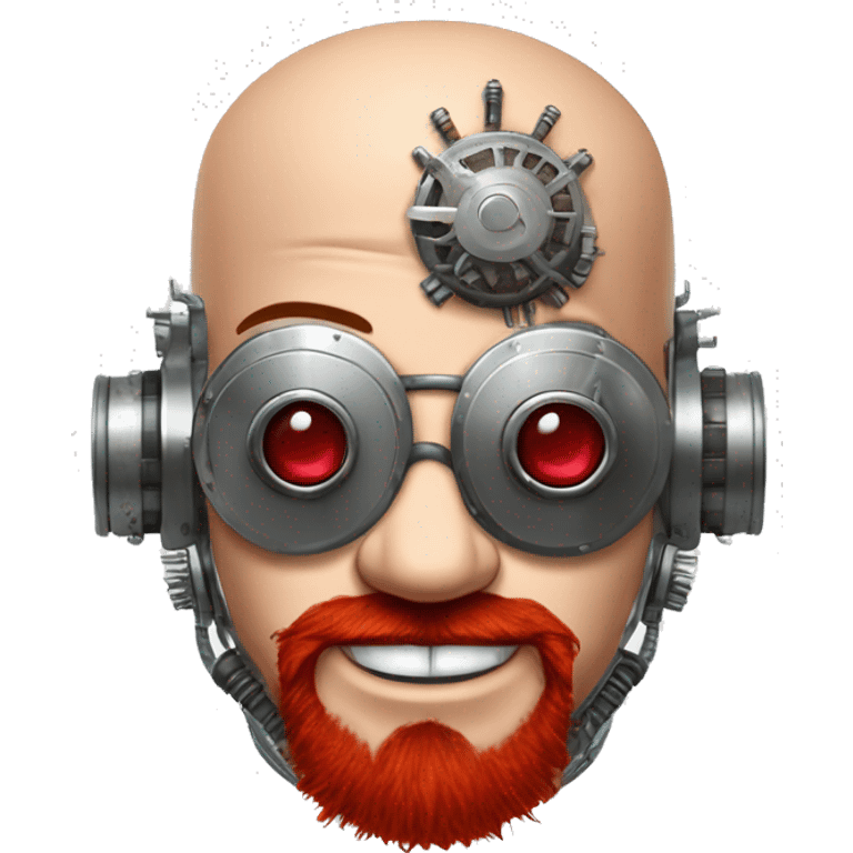 Bald cyborg head with red Mohawk, red beard. silver steampunk monocle goggles a smile and circuits emoji