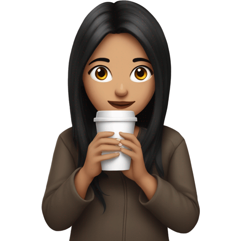 Girl with black hair drinking hot coffee emoji