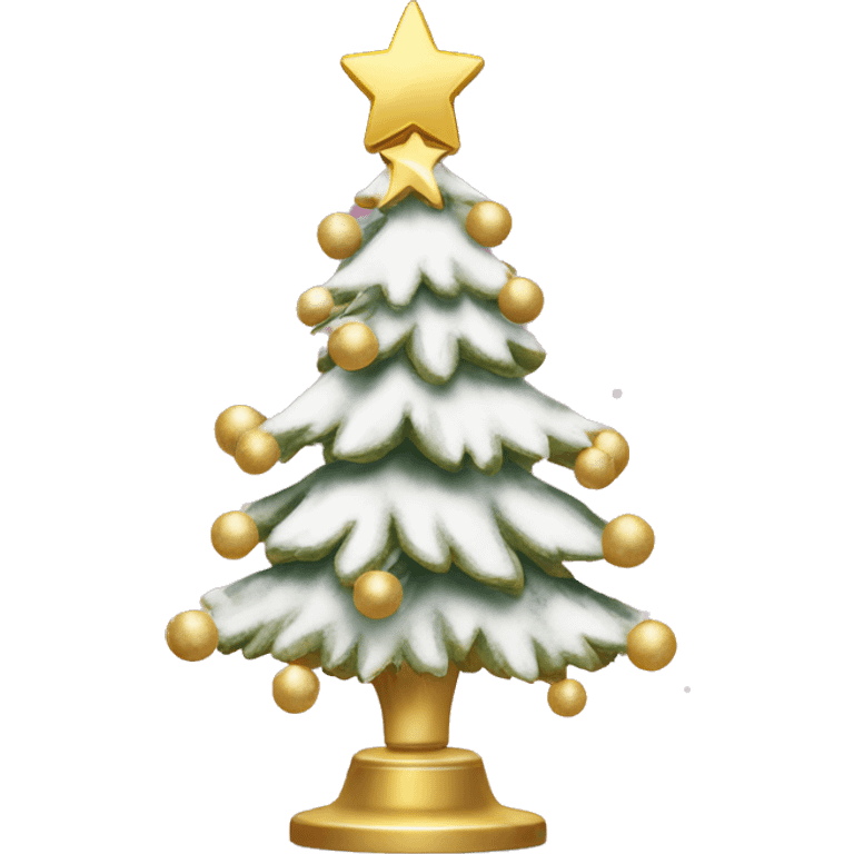 Girlie Christmas tree with snow and pink ornaments and a gold tree topper emoji