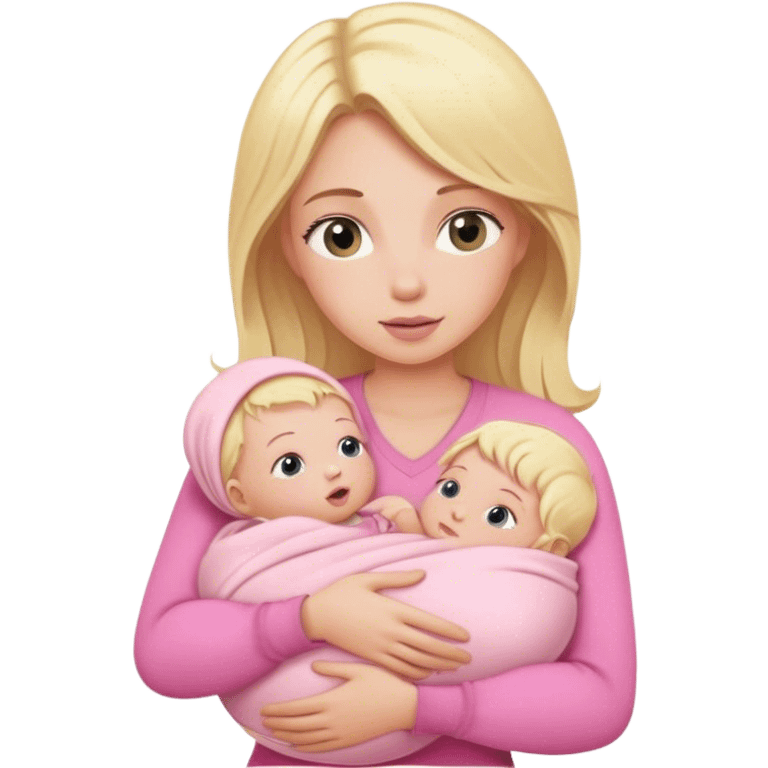 Blonde girl holding a new born baby while the baby is wrapped in pink. emoji