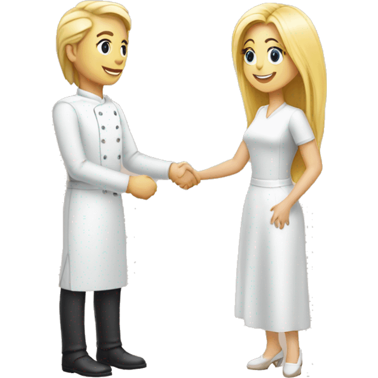 restaurant owner with white skin and blogger with white skin and blonde hair shaking hands in full height emoji