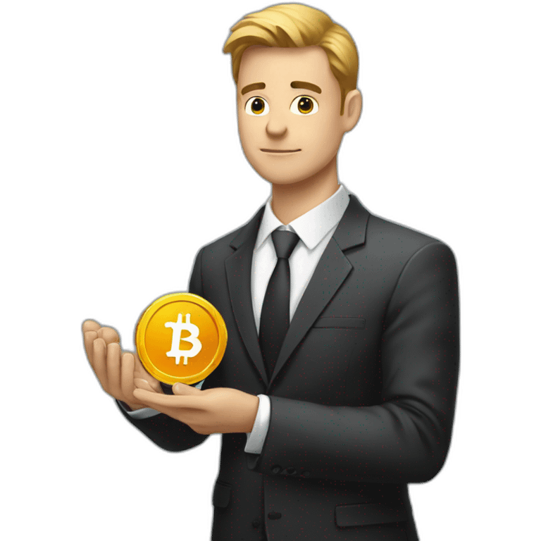 thoughtful guy holding bitcoin in his hands in a suit emoji