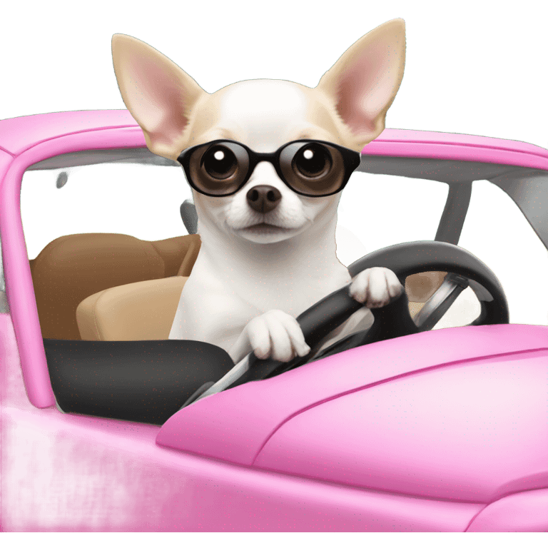 Black and white Chihuahua driving pink Fiat emoji