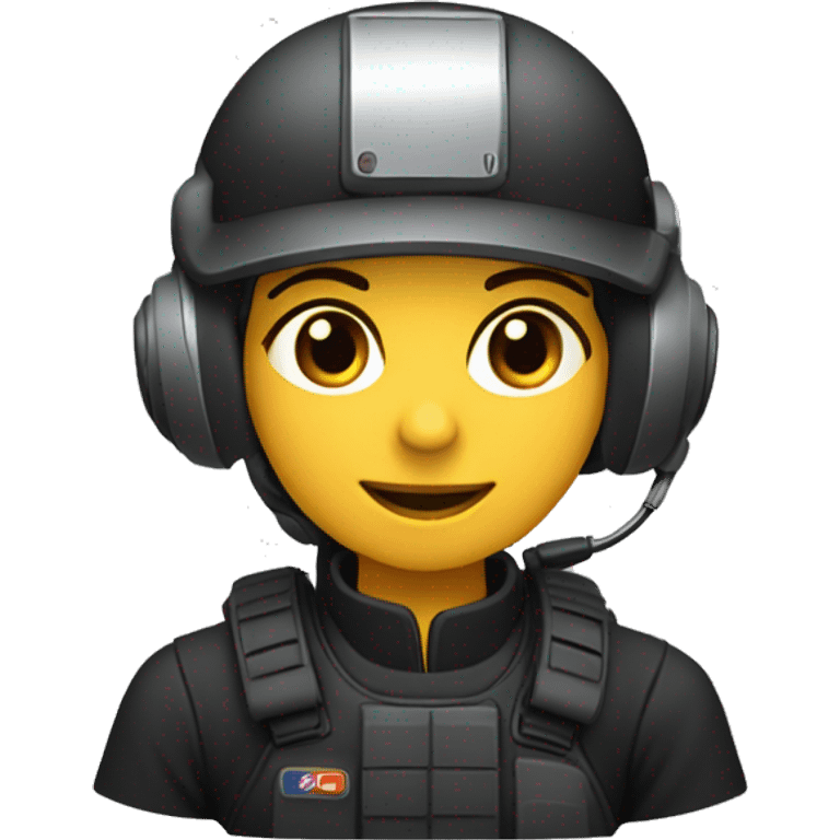 operator dressed in black with a milatary helmet, without glasses, wearing a headset, ready to respond to alerts, preferably female white emoji