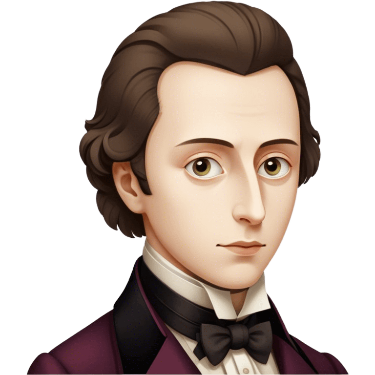 Cinematic Realistic Chopin Portrait Emoji, depicted as an introspective composer with expressive eyes and period attire, rendered with rich textured detail and soft classical lighting that captures his emotive musical genius. emoji