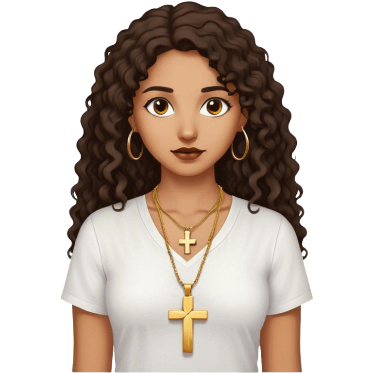 Brown woman with dark curly long hair white shirt with gold small cross necklace emoji