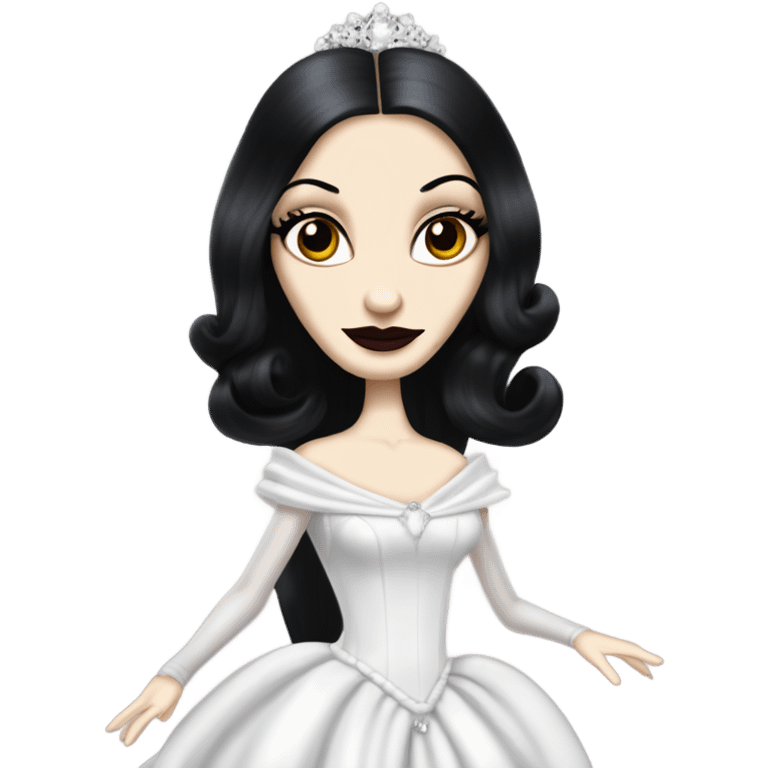 Tall realistic thin Morticia Addams Princess Leia in ruffled white-pearl ballet ball gown  emoji