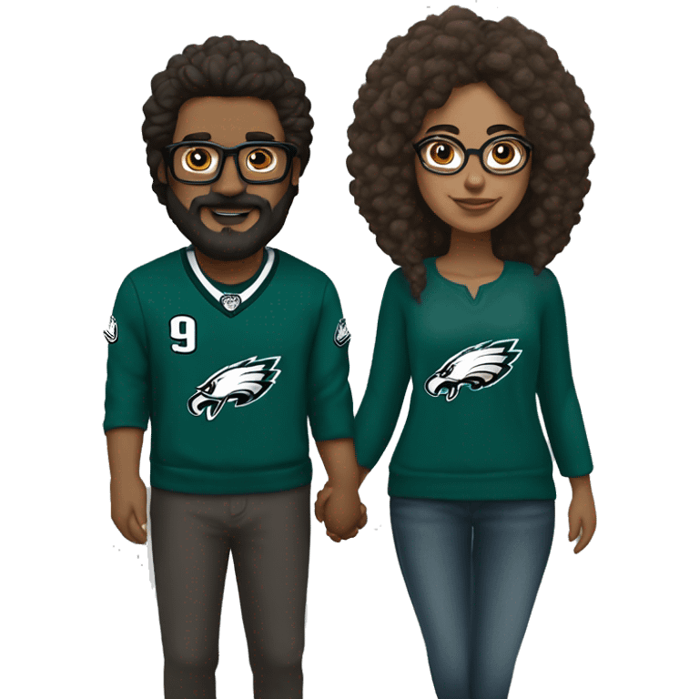 Stalky Brown guy with beard mustache and brown girl with glasses and her hair in a bun in Philadelphia eagles clothes holding hands emoji