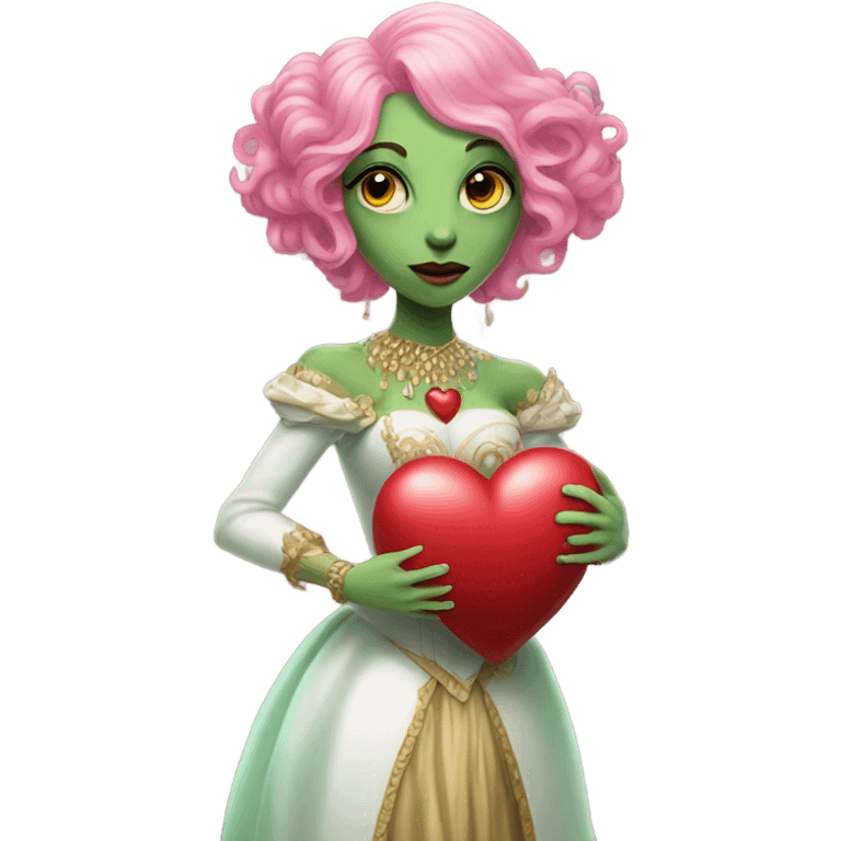 a green amazon alien woman in Victorian white gold, pink hair,holdig, red big hearth, full body emoji