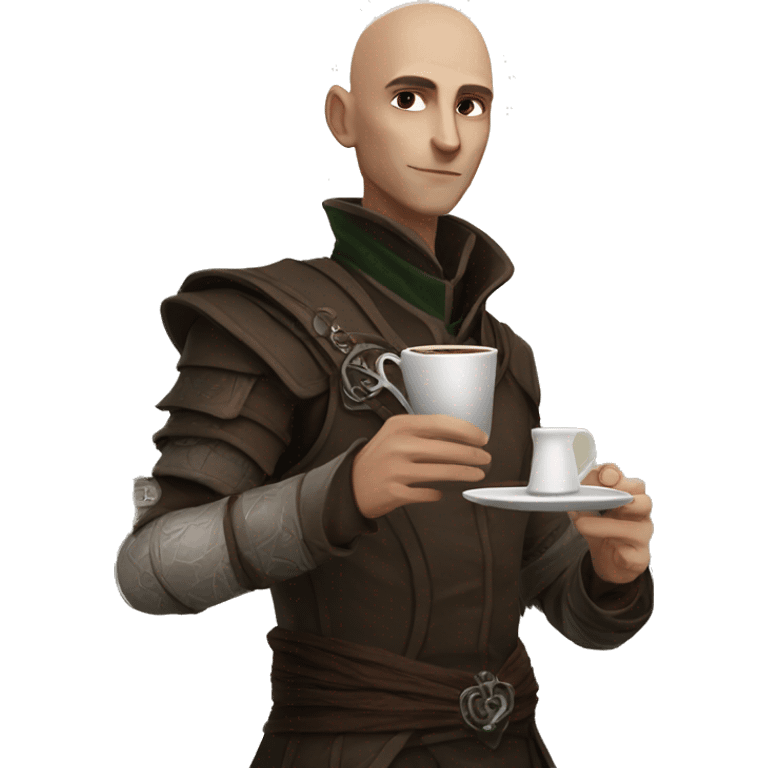 Solas from Dragon Age holding a cup of coffee emoji