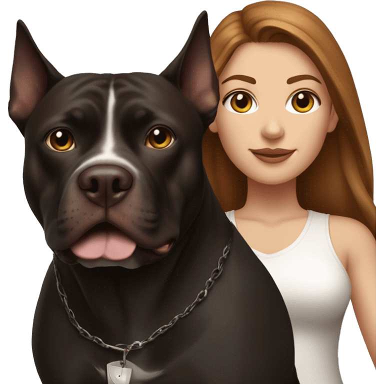 white woman with long brown hair and cat shaped eyes standing alongside a black pitbull  emoji