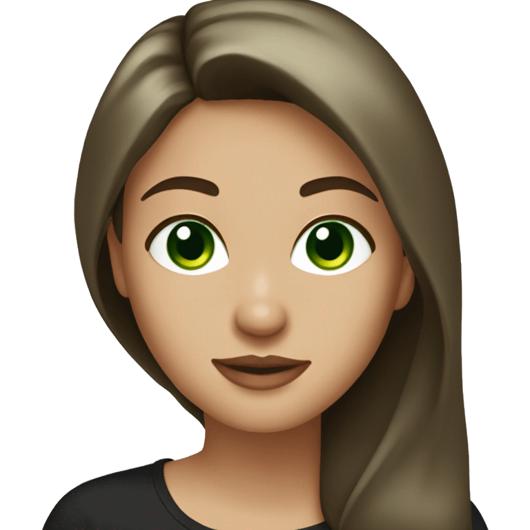 Beautiful woman with long dark brown hair and dark green eyes, wearing a black t-shirt emoji