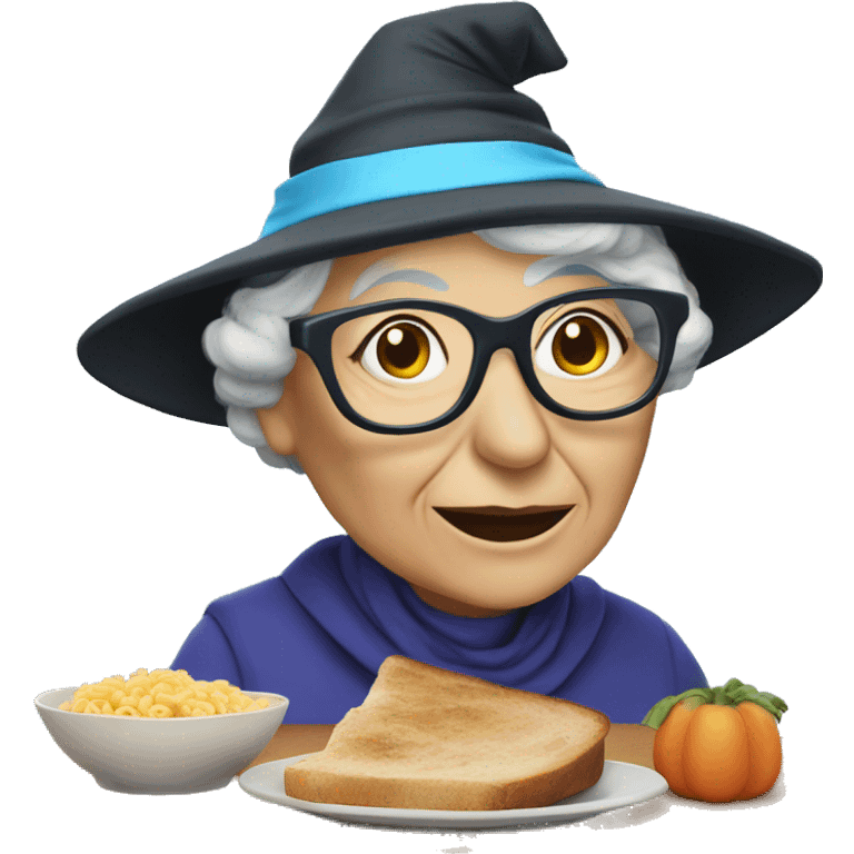 smart granny witch with glasses and blue hat lunching with friends emoji