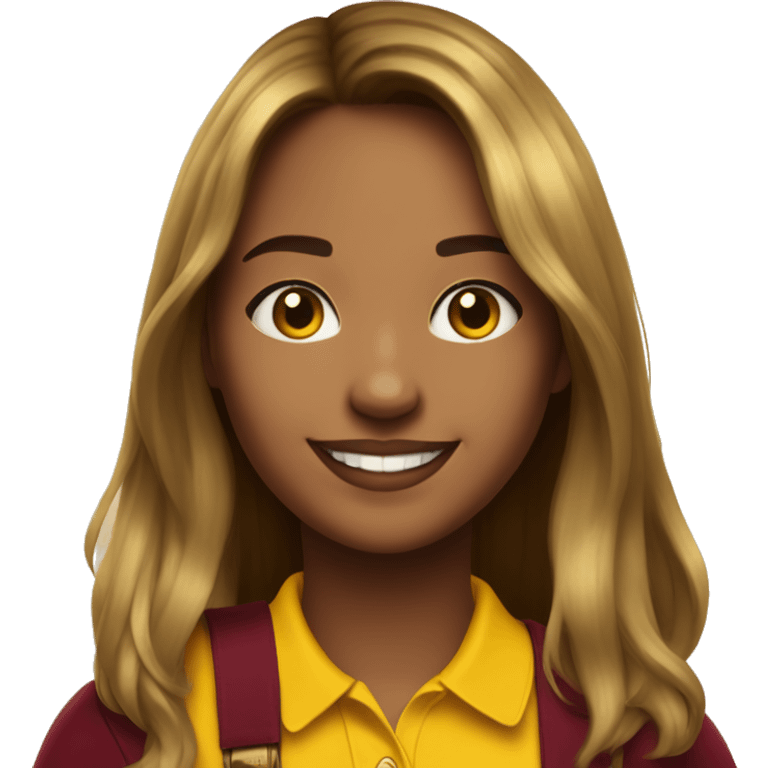 a mid length hair with curtain bangs beautiful girl smiling wearing a yellow polo with maroon id lanyard  emoji