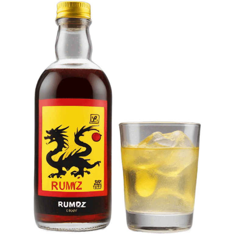 clear bottle with clear alcohol with yellow dragon on a black and red label that says “RUMPZ” alcohol emoji