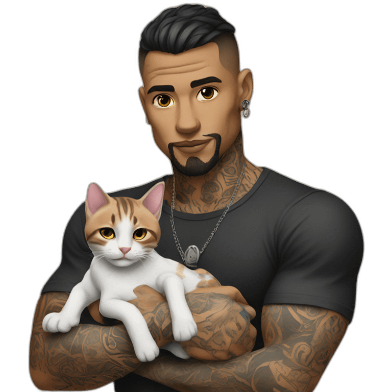 tattooed man with a baby cat in her hand emoji