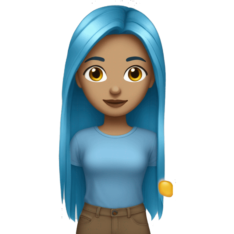 a girl with light tan skin, 511 T shirt  on,straight long blue hair, brown eyes, standing,very beautiful,very hot emoji