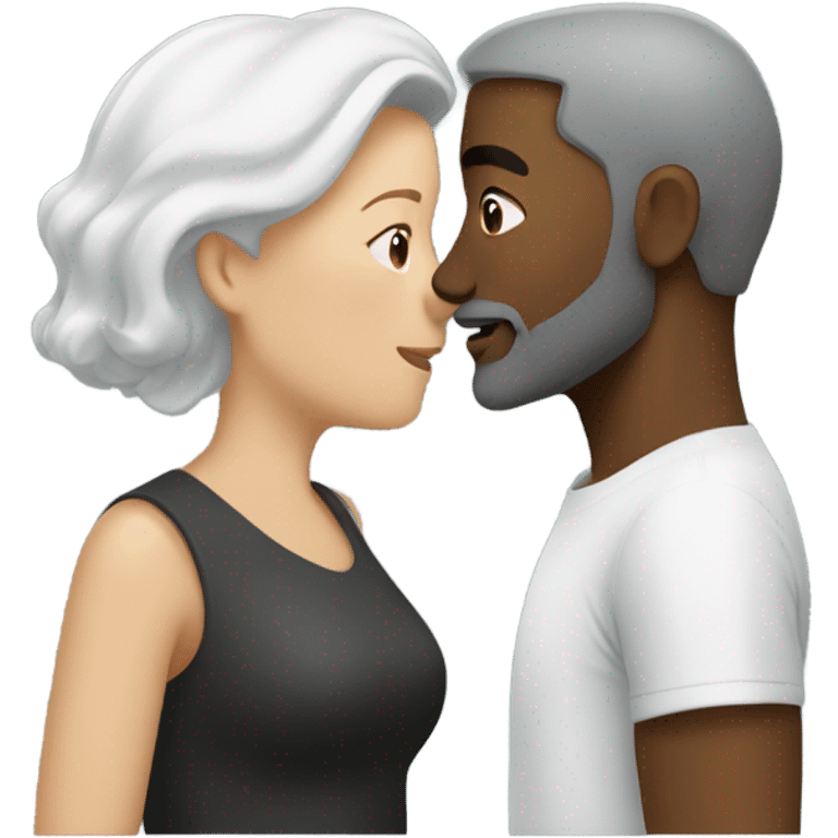 Black man with brown hair and beard kissing white female with short grey hair  emoji