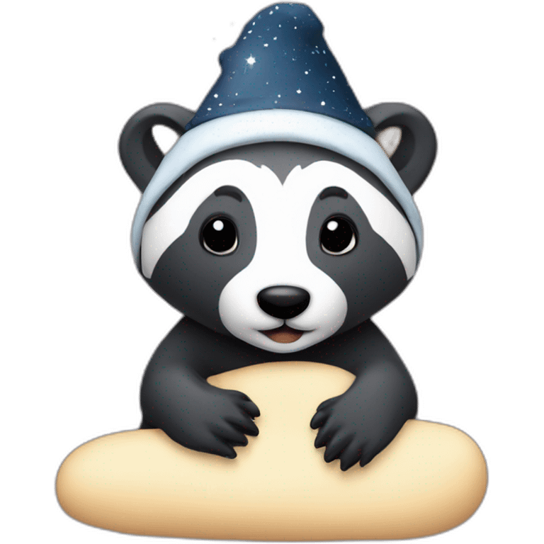 Badger with a nightcap on in a bed with sky full of stars emoji