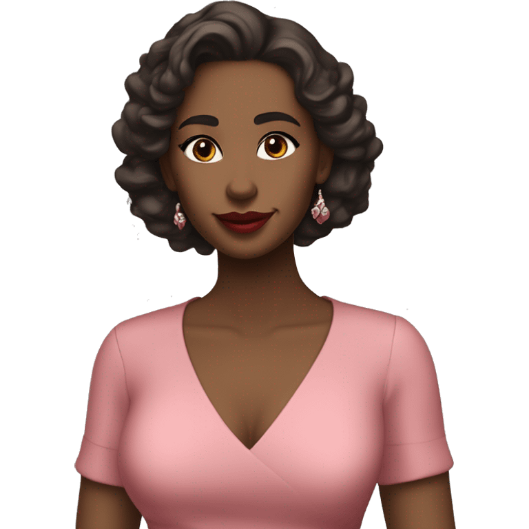 She has soft features, fair skin, and almond-shaped eyes. Her defined eyebrows and natural pink lips frame her face. Her dark, wavy hair is partly tied back, giving her an elegant yet relaxed look.  She wears a red V-neck long luxurious dress. White skin. emoji