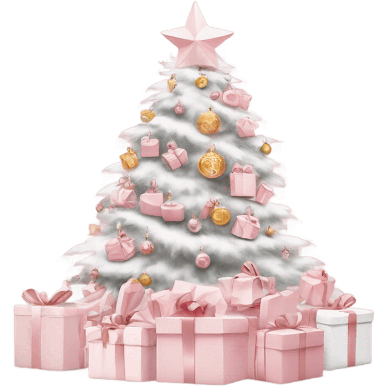 Light pink Christmas gifts under a white Christmas tree  emoji