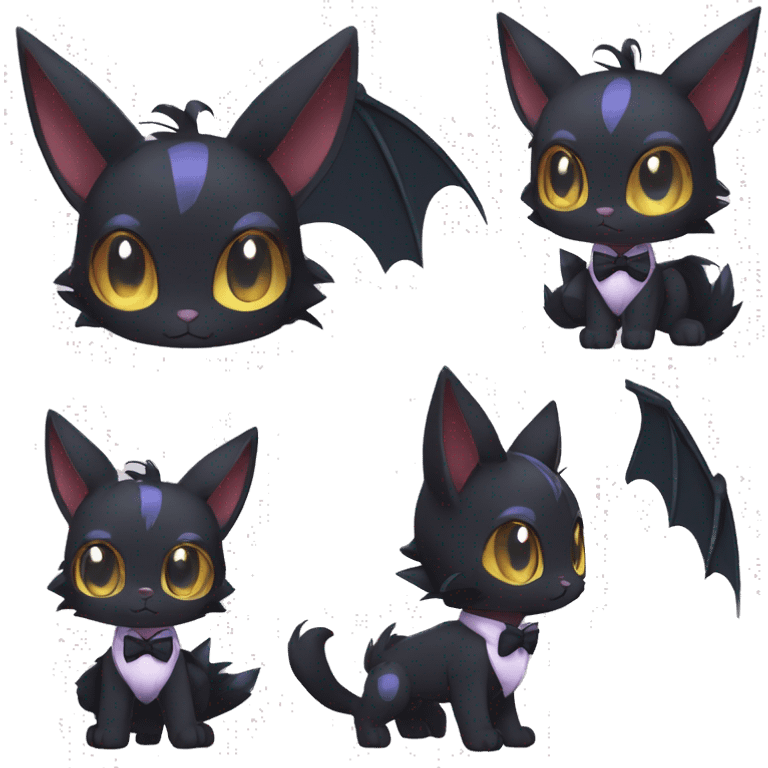 Shiny Dark Cool Edgy Black beautiful ethereal fantasy Kawaii Sona Umbreon-Noibat-Litten-Fakemon-cat-animal with edgy bat-ears bow tie black mane vtuber model Full Body emoji